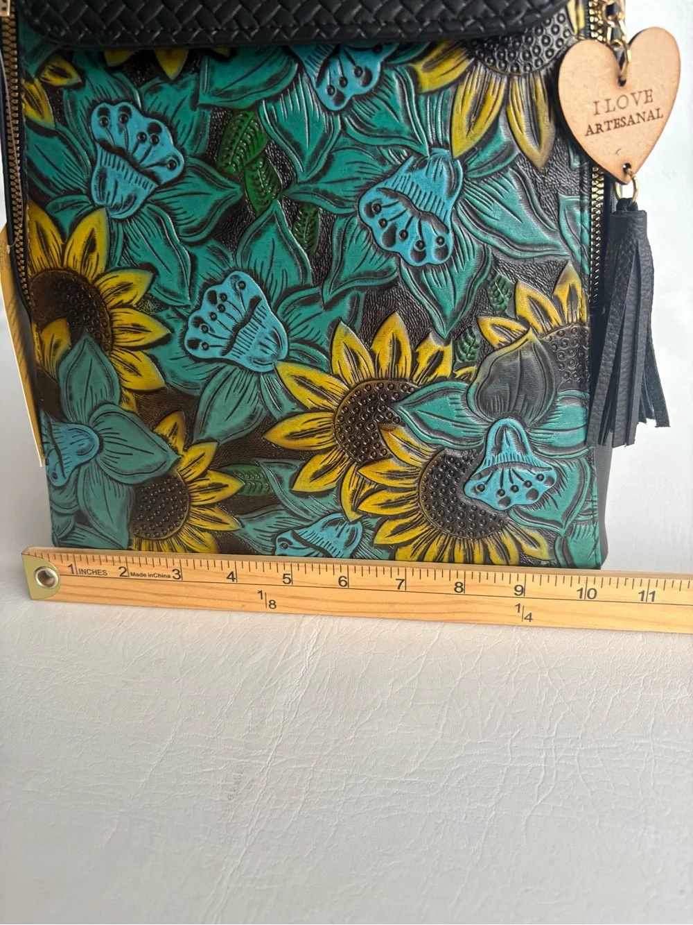 Handpainted Floral Sunflower Vegan Leather Backpack - Black & Teal